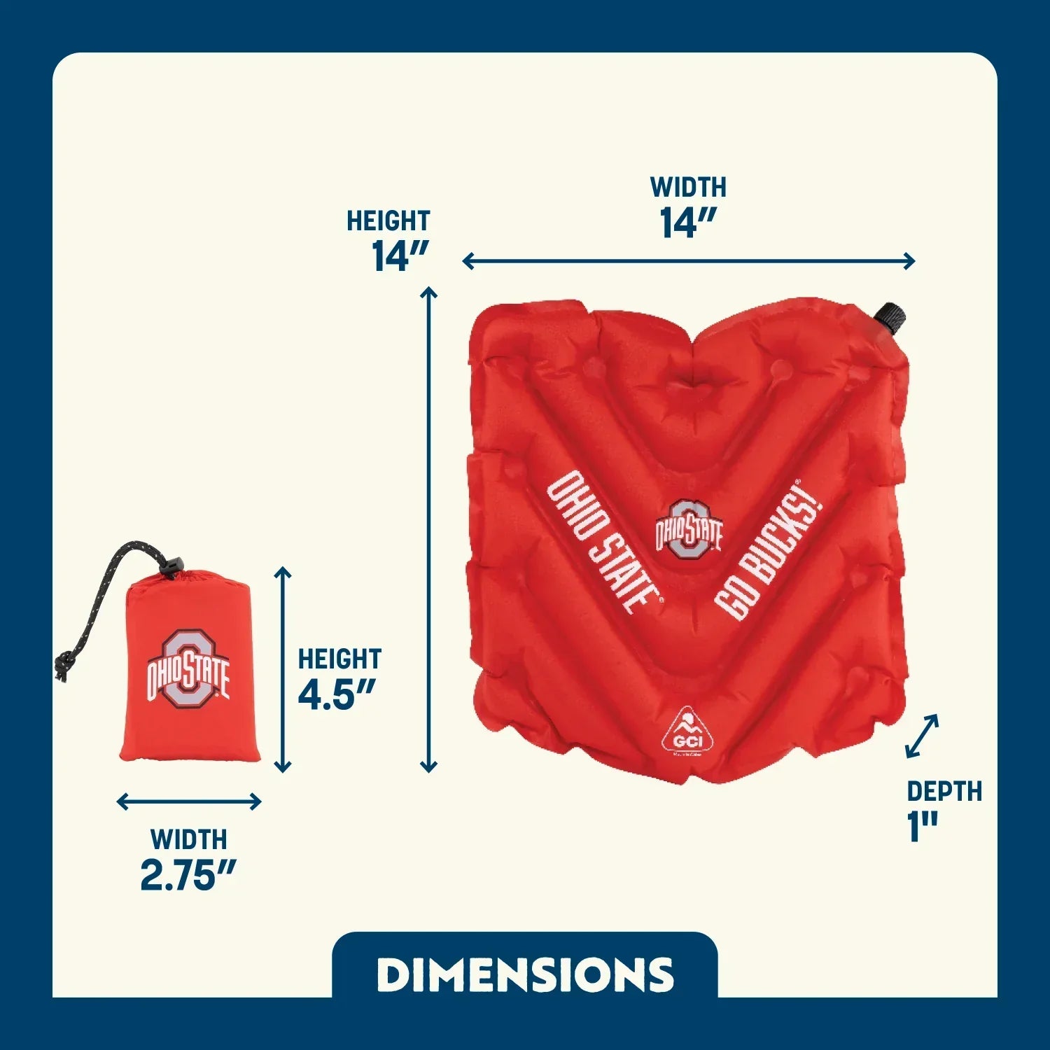 Secure-Hook College V Seat Inflatable Stadium Cushion - Ohio State Buckeyes - Choice 778 - Lightweight Folding Bleacher Chair with Cushioning Detail