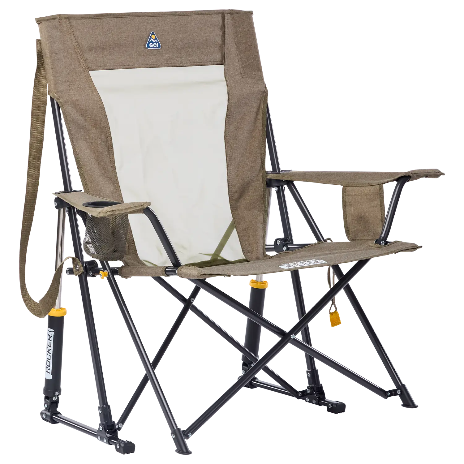 Luxury Camp Comfort Pro Rocker XL - Choice 107 - Heavy-Duty Kickback Rocker with Beverage Holder - Heathered Aged Fatigue