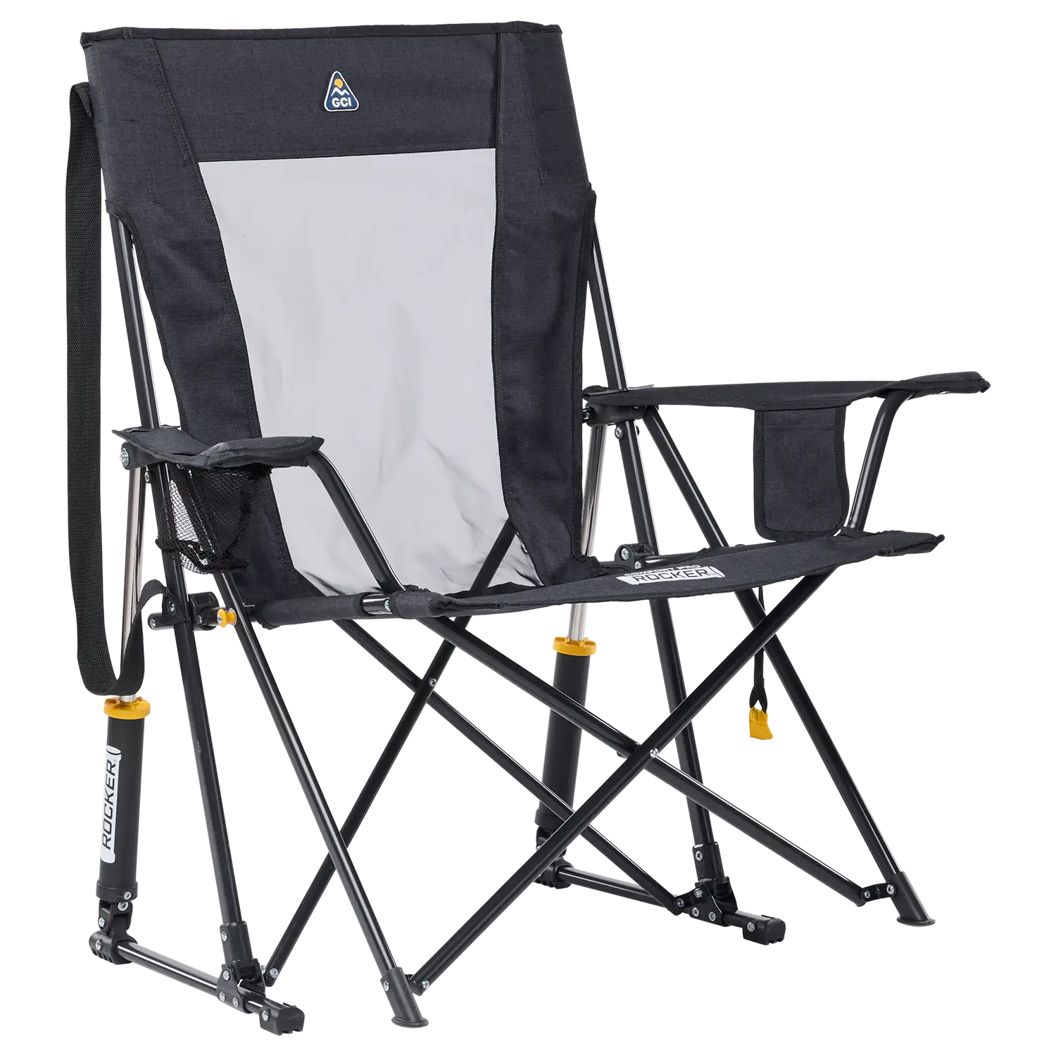 Luxury Camp Comfort Pro Rocker XL - Choice 107 - Heavy-Duty Kickback Rocker with Beverage Holder - Heathered Charcoal