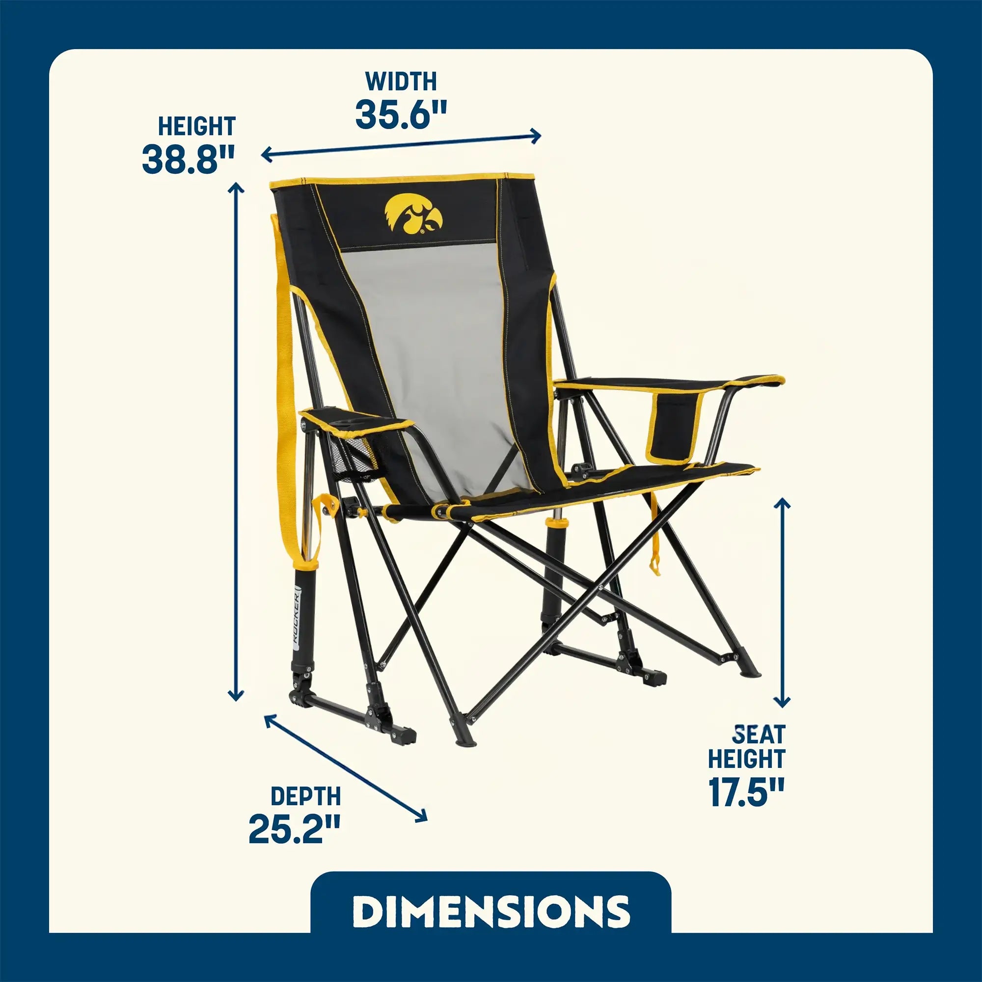 Premium All-Weather College Comfort Pro Rocker - Iowa Hawkeyes - Choice 249 - Patented Spring-Action Rocking Chair for Camping Detail