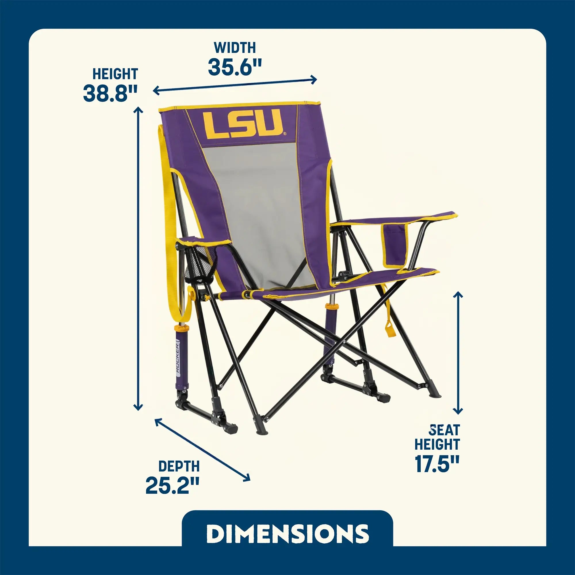 Heavy-Duty Freestyle College Comfort Pro Rocker - LSU Tigers - Choice 880 - RoadTrip Rocker Smooth Motion Camp Chair Detail