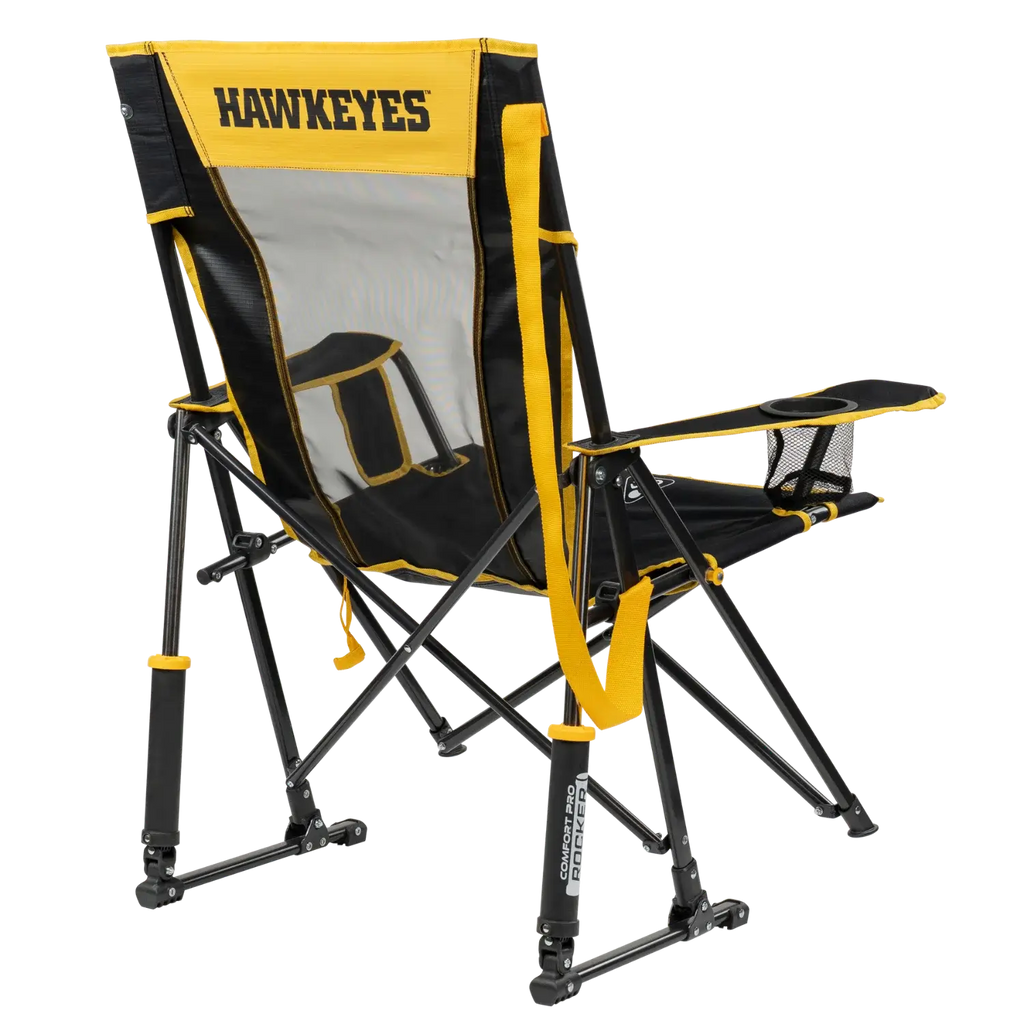 Premium All-Weather College Comfort Pro Rocker - Iowa Hawkeyes - Choice 249 - Patented Spring-Action Rocking Chair for Camping Detail