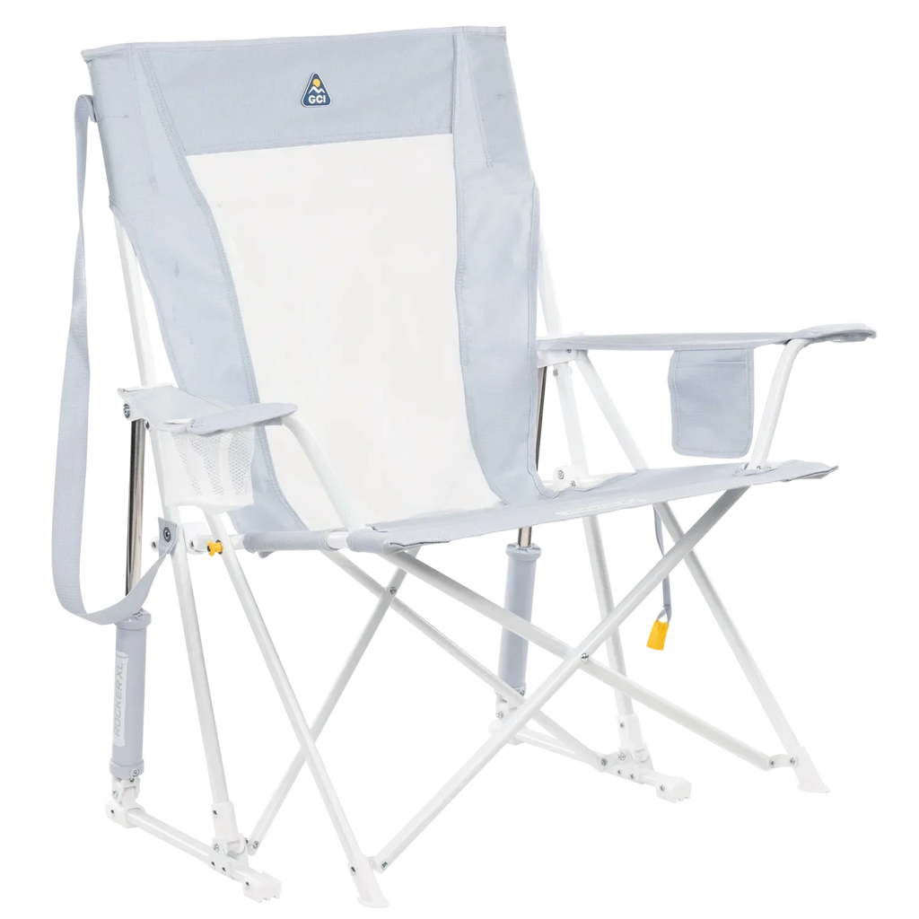 Luxury Camp Comfort Pro Rocker XL - Choice 107 - Heavy-Duty Kickback Rocker with Beverage Holder - Heathered Light Blue