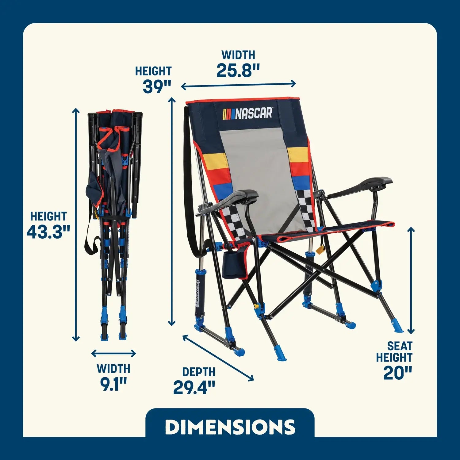 Smooth Motion RoadTrip Rocker - NASCAR For Him - Choice 453 - Patented Spring-Action Rocking Chair for Camping Detail
