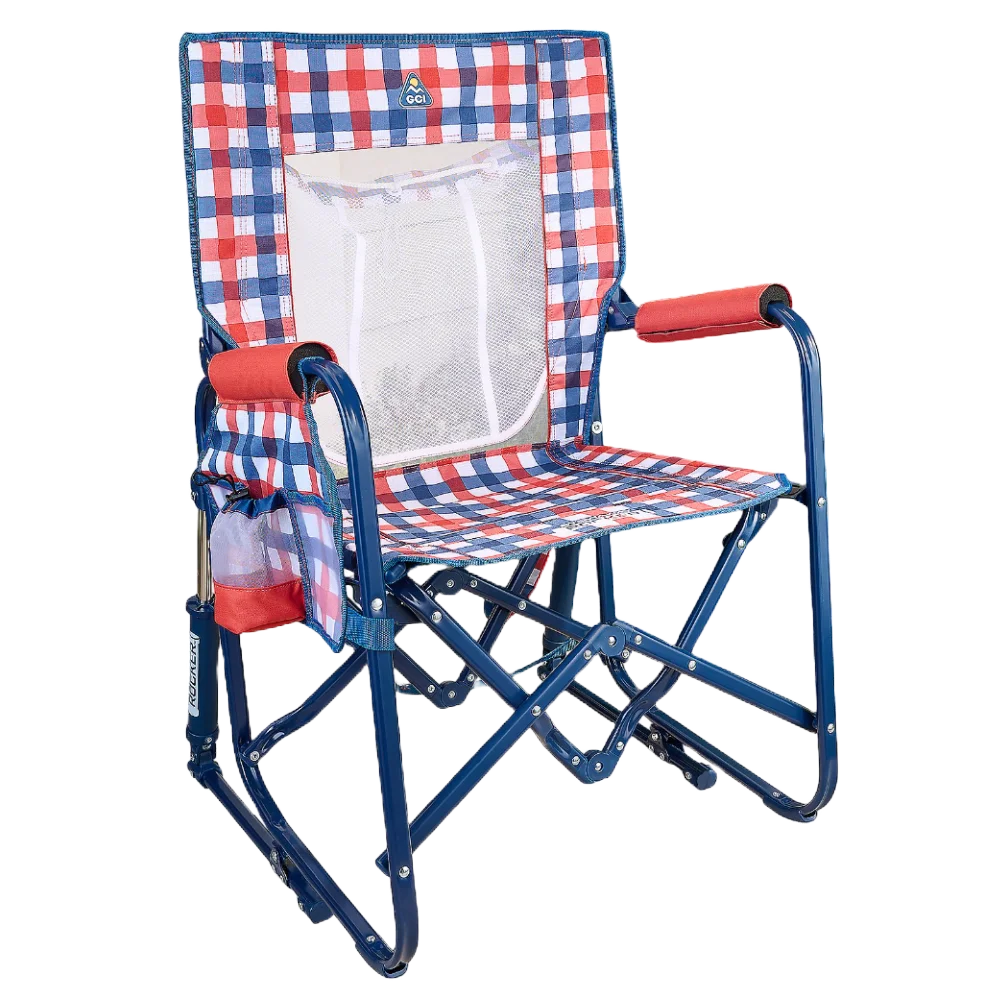 Patented Spring-Action Stowaway Rocker with Storage Pouch - Choice 573 - RoadTrip Rocker Smooth Motion Camp Chair - Patriotic Plaid
