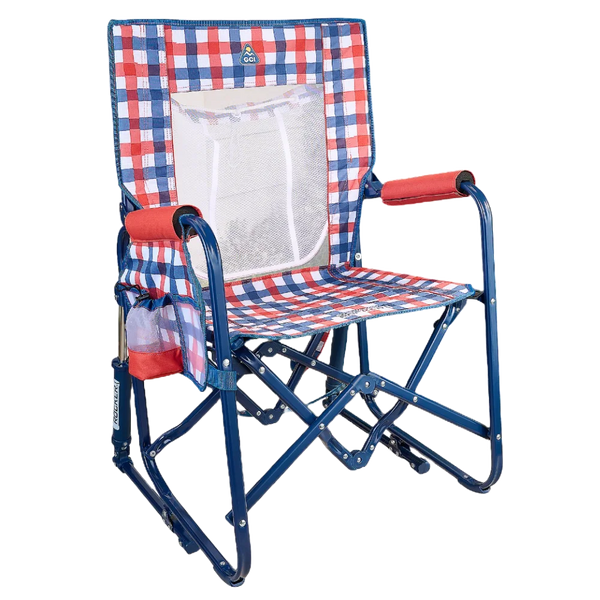 Patented Spring-Action Stowaway Rocker with Storage Pouch - Choice 573 - RoadTrip Rocker Smooth Motion Camp Chair - Patriotic Plaid