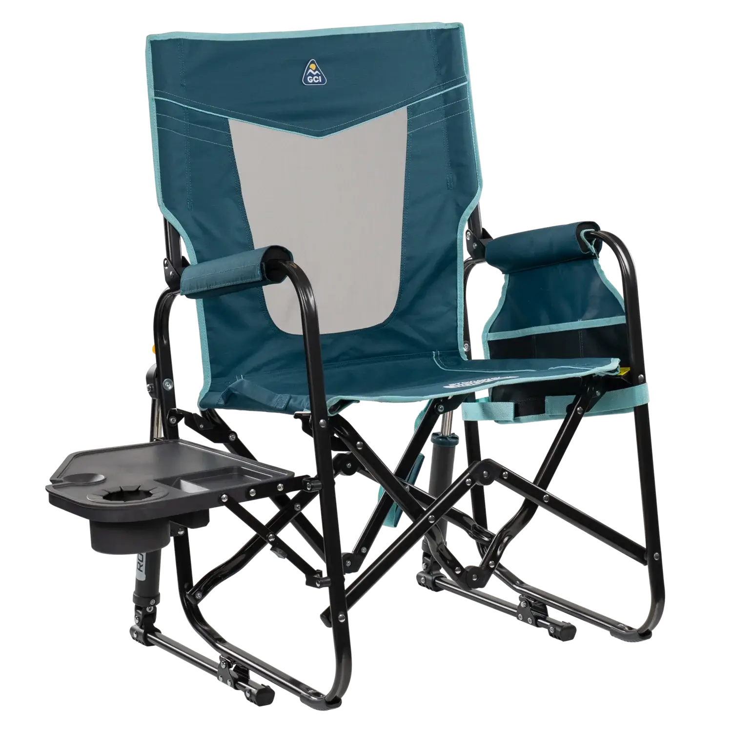 Premium All-Weather Stowaway Rocker with Side Table - Choice 253 - RoadTrip Rocker Smooth Motion Camp Chair - Teal
